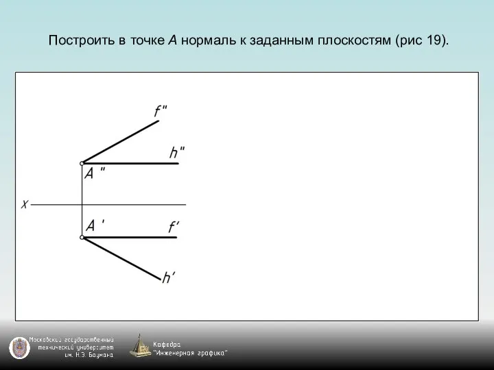 Построить в точке А нормаль к заданным плоскостям (рис 19).