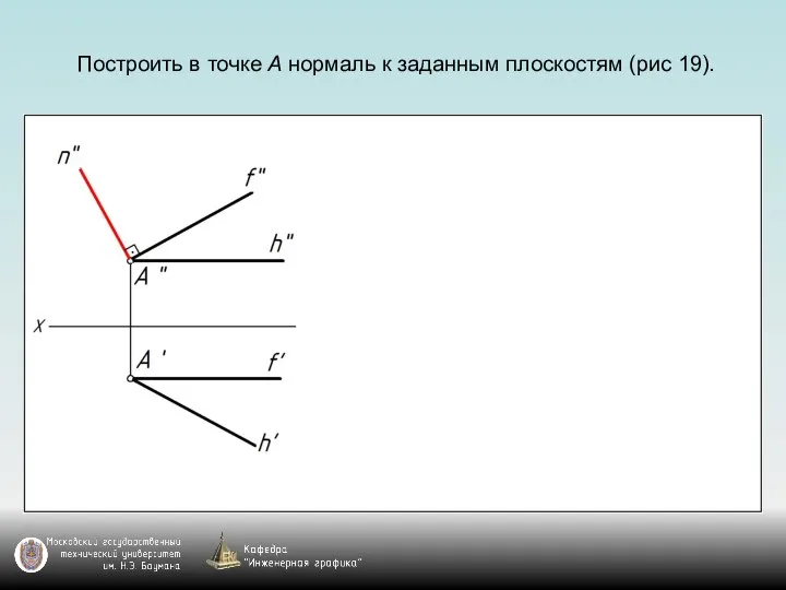 Построить в точке А нормаль к заданным плоскостям (рис 19).