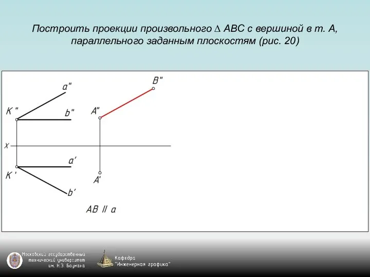 Построить проекции произвольного ∆ АВС с вершиной в т. А, параллельного заданным плоскостям (рис. 20)