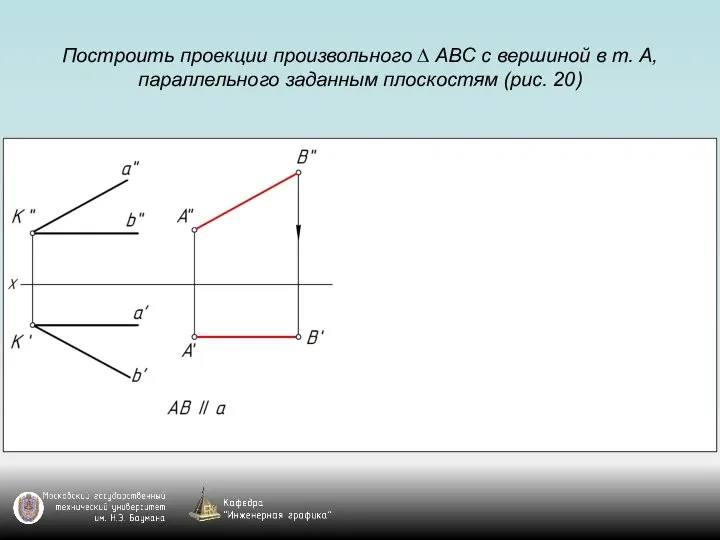 Построить проекции произвольного ∆ АВС с вершиной в т. А, параллельного заданным плоскостям (рис. 20)