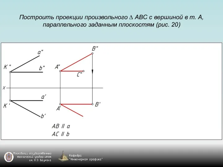 Построить проекции произвольного ∆ АВС с вершиной в т. А, параллельного заданным плоскостям (рис. 20)