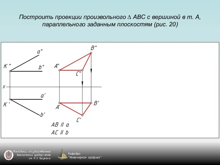 Построить проекции произвольного ∆ АВС с вершиной в т. А, параллельного заданным плоскостям (рис. 20)