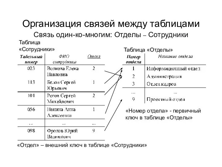 Организация связей между таблицами «Отдел» – внешний ключ в таблице «Сотрудники»