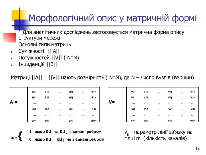 Морфологічний опис у матричній формі Для аналітичних досліджень застосовується матрична форма