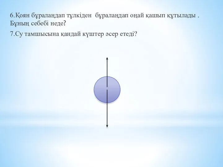 6.Қоян бұралаңдап тұлкіден бұралаңдап оңай қашып құтылады .Бұның себебі неде? 7.Су тамшысына қандай күштер әсер етеді?