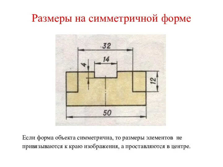 Размеры на симметричной форме Если форма объекта симметрична, то размеры элементов