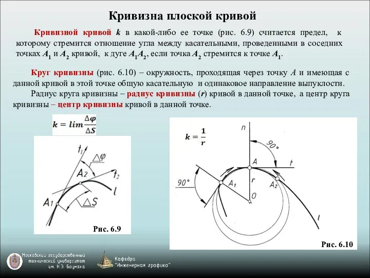 Кривизной кривой k в какой-либо ее точке (рис. 6.9) считается предел,