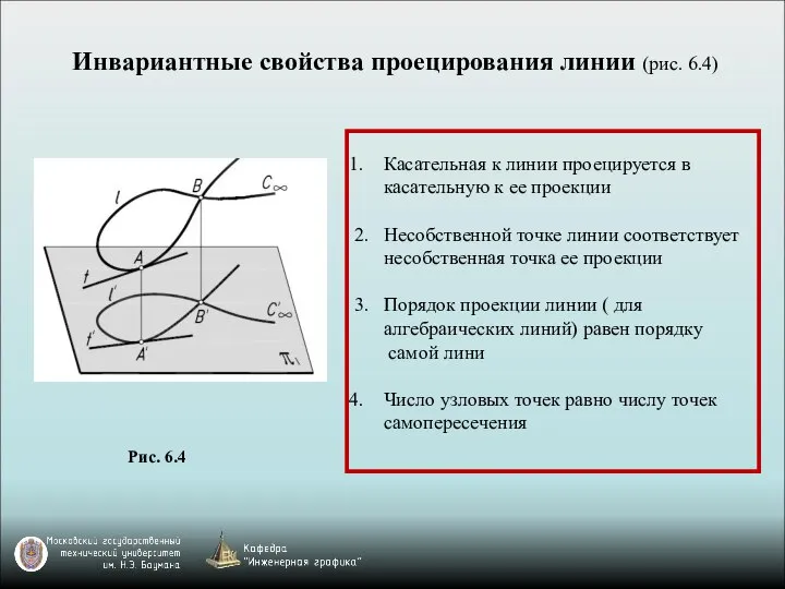 Инвариантные свойства проецирования линии (рис. 6.4) Касательная к линии проецируется в