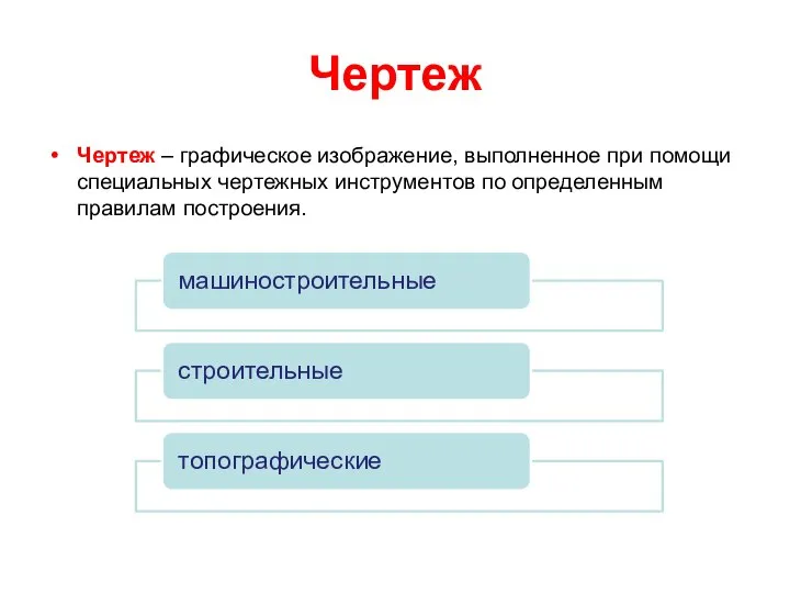 Чертеж Чертеж – графическое изображение, выполненное при помощи специальных чертежных инструментов по определенным правилам построения.