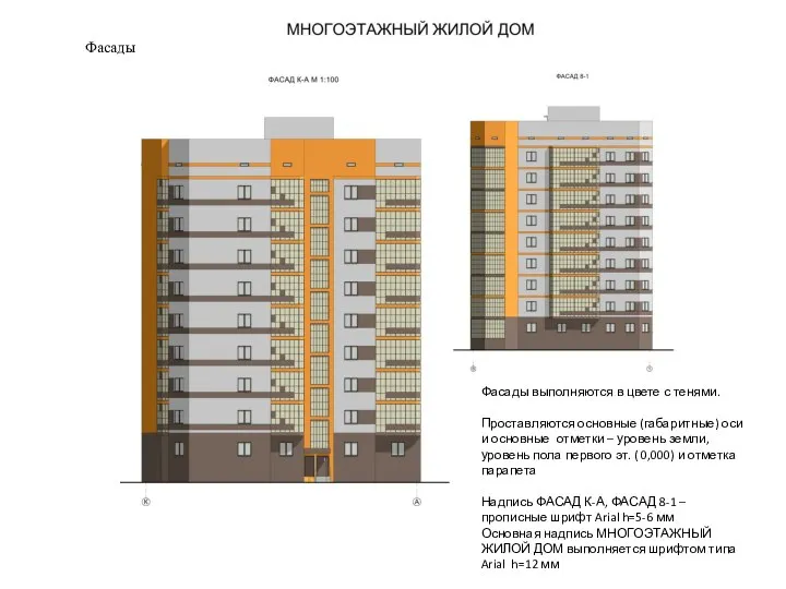 Фасады Фасады выполняются в цвете с тенями. Проставляются основные (габаритные) оси