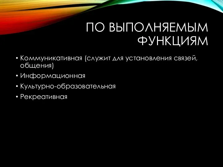 ПО ВЫПОЛНЯЕМЫМ ФУНКЦИЯМ Коммуникативная (служит для установления связей, общения) Информационная Культурно-образовательная Рекреативная