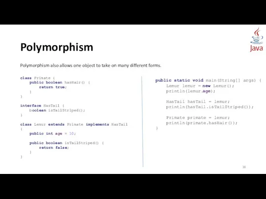 Polymorphism class Primate { public boolean hasHair() { return true; }