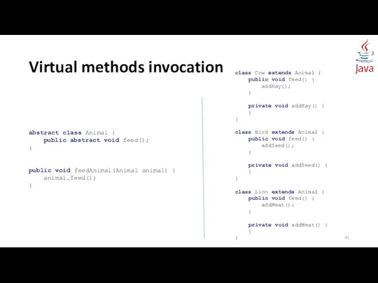 Virtual methods invocation abstract class Animal { public abstract void feed();