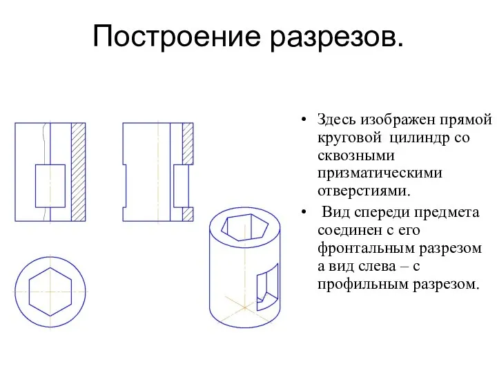 Построение разрезов. Здесь изображен прямой круговой цилиндр со сквозными призматическими отверстиями.