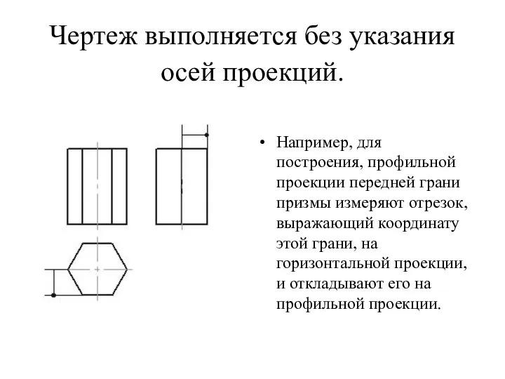 Чертеж выполняется без указания осей проекций. Например, для построения, профильной проекции