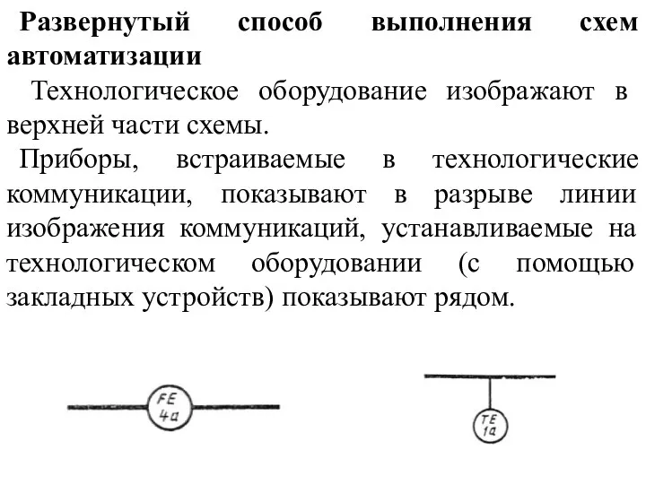 Развернутый способ выполнения схем автоматизации Технологическое оборудование изображают в верхней части