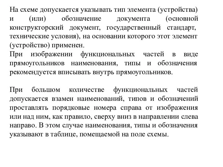 На схеме допускается указывать тип элемента (устройства) и (или) обозначение документа