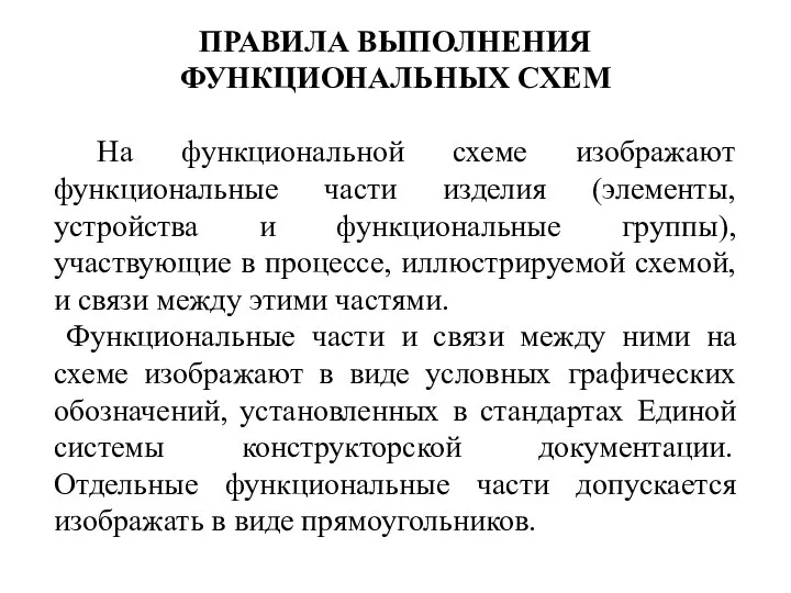 ПРАВИЛА ВЫПОЛНЕНИЯ ФУНКЦИОНАЛЬНЫХ СХЕМ На функциональной схеме изображают функциональные части изделия