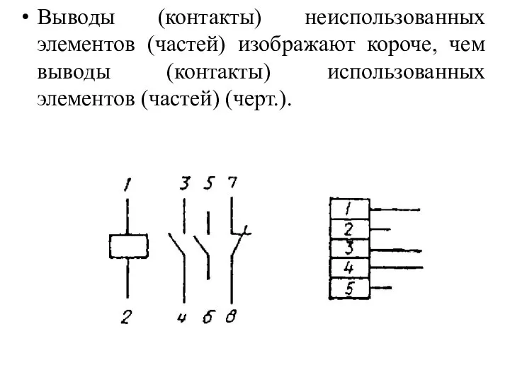 Выводы (контакты) неиспользованных элементов (частей) изображают короче, чем выводы (контакты) использованных элементов (частей) (черт.).