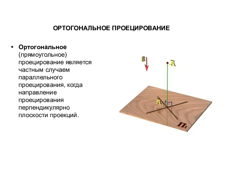 ОРТОГОНАЛЬНОЕ ПРОЕЦИРОВАНИЕ Ортогональное (прямоугольное) проецирование является частным случаем параллельного проецирования, когда направление проецирования перпендикулярно плоскости проекций.