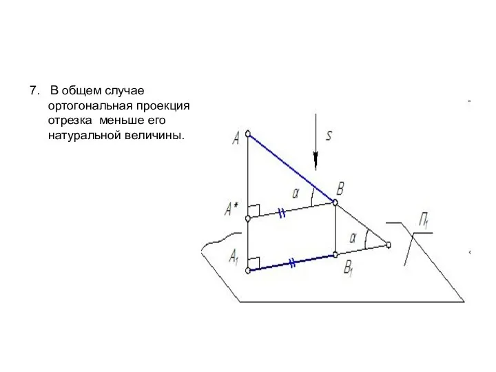 7. В общем случае ортогональная проекция отрезка меньше его натуральной величины.