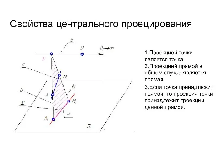 1.Проекцией точки является точка. 2.Проекцией прямой в общем случае является прямая.