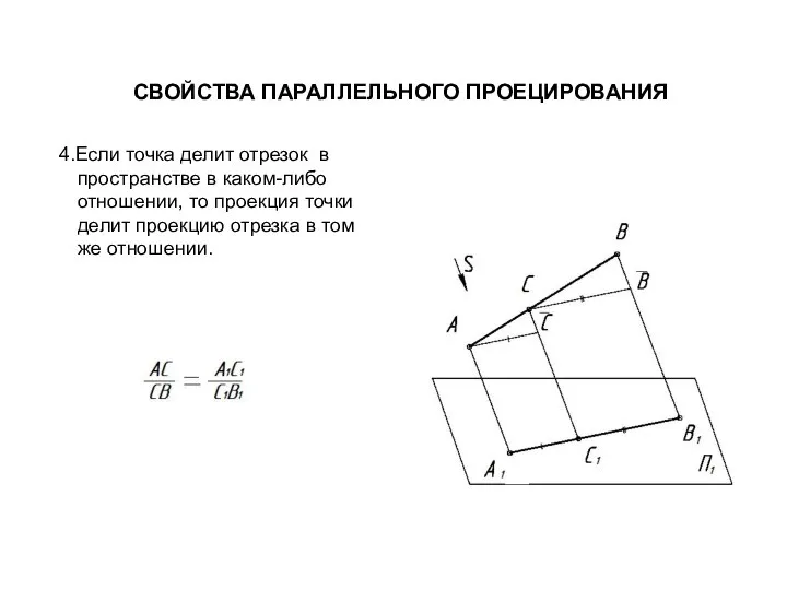 СВОЙСТВА ПАРАЛЛЕЛЬНОГО ПРОЕЦИРОВАНИЯ 4.Если точка делит отрезок в пространстве в каком-либо