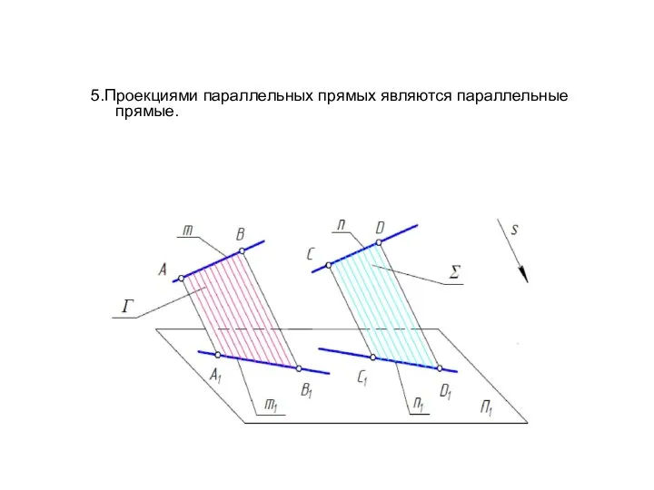 5.Проекциями параллельных прямых являются параллельные прямые.