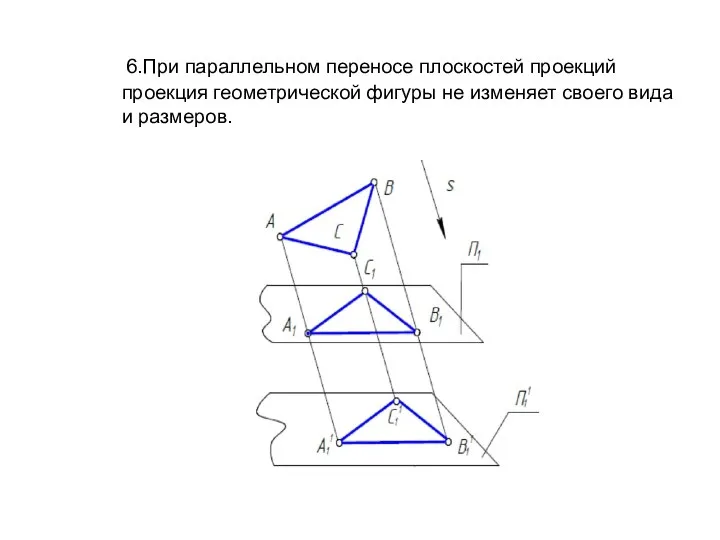 6.При параллельном переносе плоскостей проекций проекция геометрической фигуры не изменяет своего вида и размеров.