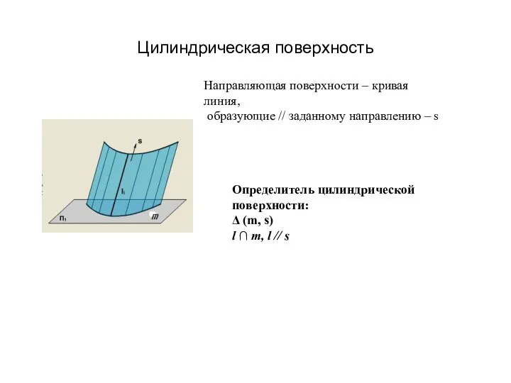 Цилиндрическая поверхность Определитель цилиндрической поверхности: Δ (m, s) l ∩ m,