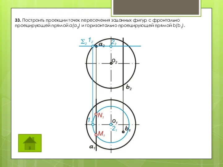 33. Построить проекции точек пересечения заданных фигур с фронтально проецирующей прямой