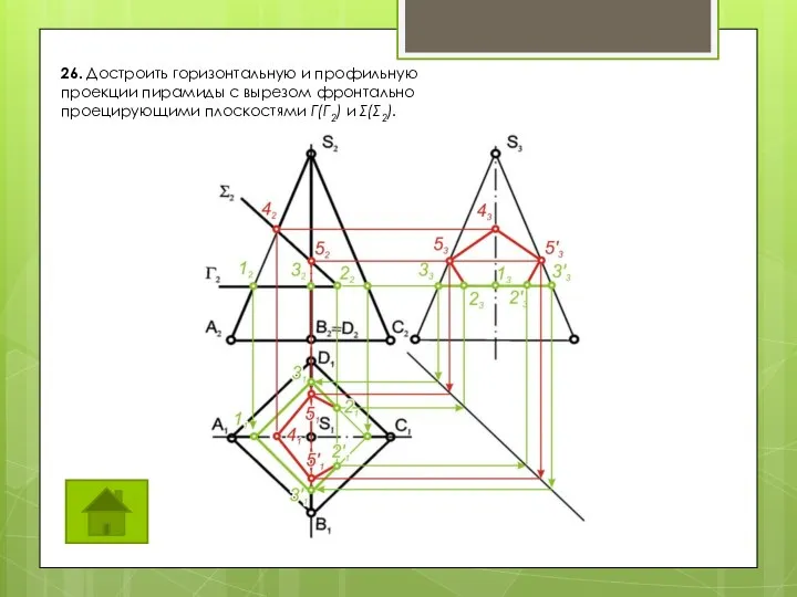 26. Достроить горизонтальную и профильную проекции пирамиды с вырезом фронтально проецирующими плоскостями Г(Г2) и Σ(Σ2).