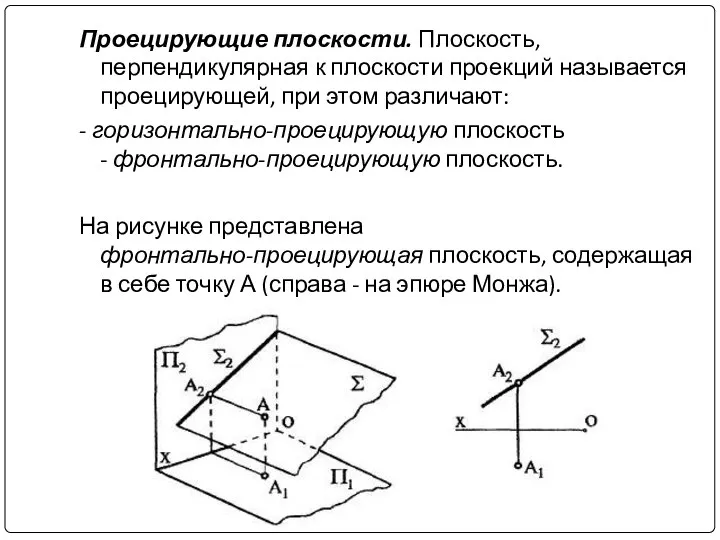 Проецирующие плоскости. Плоскость, перпендикулярная к плоскости проекций называется проецирующей, при этом