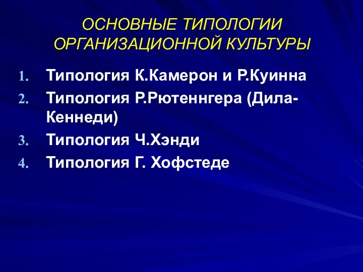 ОСНОВНЫЕ ТИПОЛОГИИ ОРГАНИЗАЦИОННОЙ КУЛЬТУРЫ Типология К.Камерон и Р.Куинна Типология Р.Рютеннгера (Дила-Кеннеди) Типология Ч.Хэнди Типология Г. Хофстеде