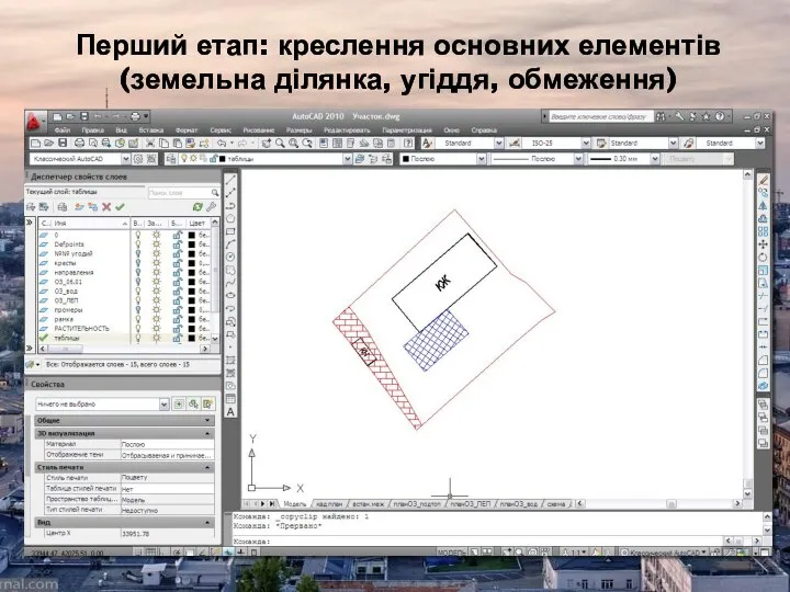 Перший етап: креслення основних елементів (земельна ділянка, угіддя, обмеження)