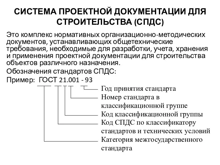 СИСТЕМА ПРОЕКТНОЙ ДОКУМЕНТАЦИИ ДЛЯ СТРОИТЕЛЬСТВА (СПДС) Это комплекс нормативных организационно-методических документов,