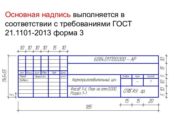 Основная надпись выполняется в соответствии с требованиями ГОСТ 21.1101-2013 форма 3