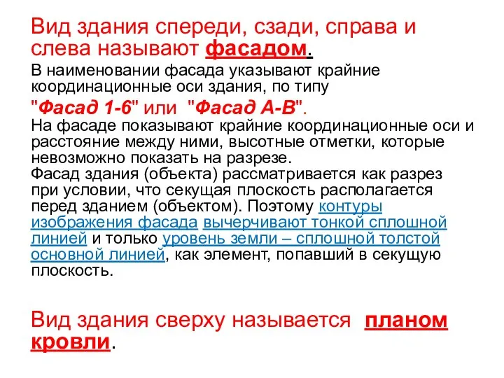 Вид здания спереди, сзади, справа и слева называют фасадом. В наименовании