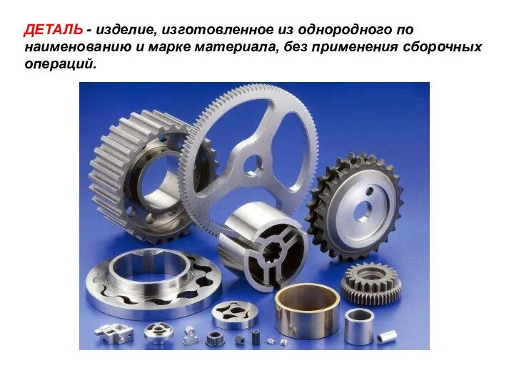 ДЕТАЛЬ - изделие, изготовленное из однородного по наименованию и марке материала, без применения сборочных операций.