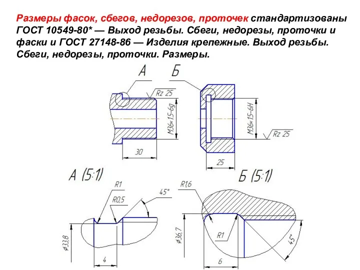 Размеры фасок, сбегов, недорезов, проточек стандартизованы ГОСТ 10549-80* — Выход резьбы.