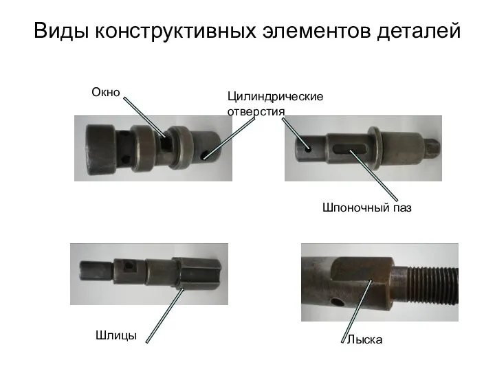 Виды конструктивных элементов деталей Шпоночный паз Шлицы Лыска Цилиндрические отверстия Окно