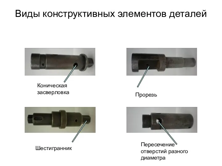 Виды конструктивных элементов деталей Коническая засверловка Прорезь Шестигранник Пересечение отверстий разного диаметра