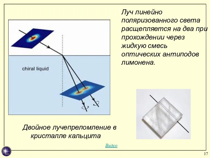 Луч линейно поляризованного света расщепляется на два при прохождении через жидкую