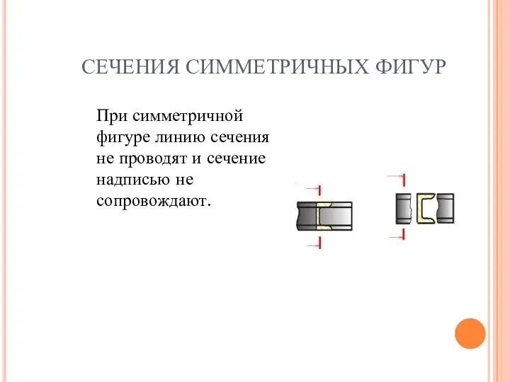 СЕЧЕНИЯ СИММЕТРИЧНЫХ ФИГУР При симметричной фигуре линию сечения не проводят и сечение надписью не сопровождают.