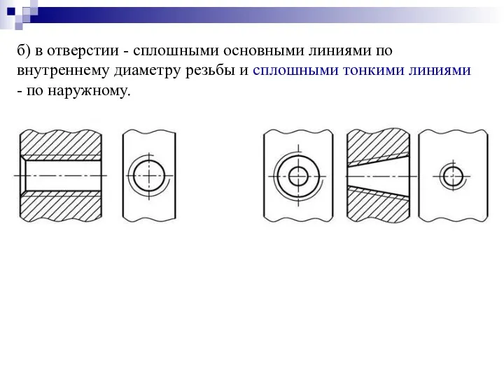 б) в отверстии - сплошными основными линиями по внутреннему диаметру резьбы