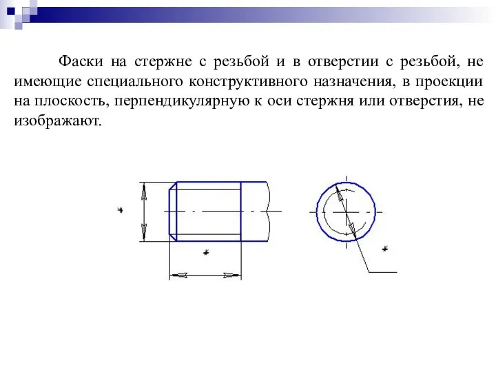 Фаски на стержне с резьбой и в отверстии с резьбой, не