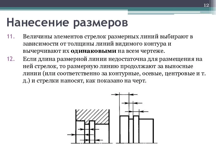 Нанесение размеров Величины элементов стрелок размерных линий выбирают в зависимости от