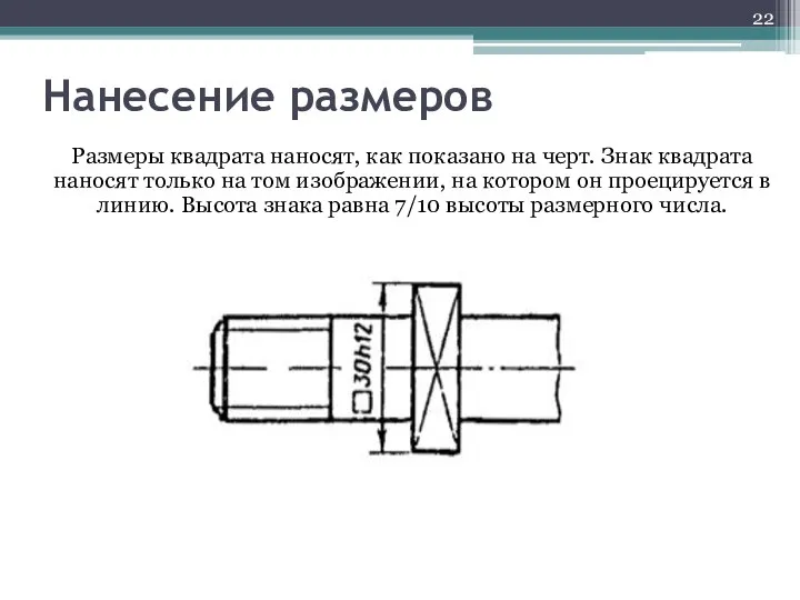 Нанесение размеров Размеры квадрата наносят, как показано на черт. Знак квадрата