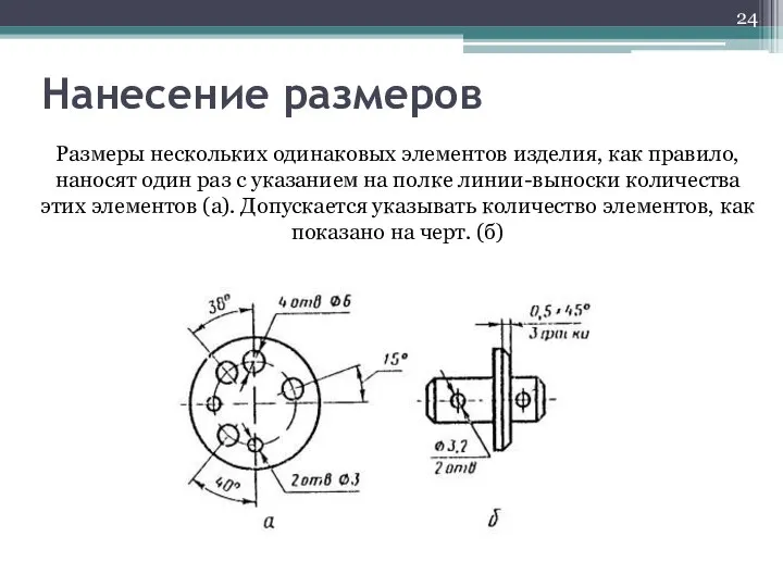 Нанесение размеров Размеры нескольких одинаковых элементов изделия, как правило, наносят один