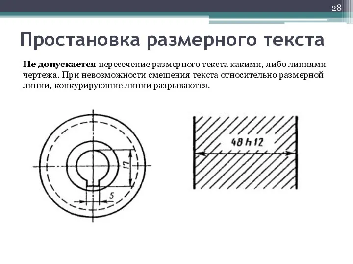 Простановка размерного текста Не допускается пересечение размерного текста какими, либо линиями